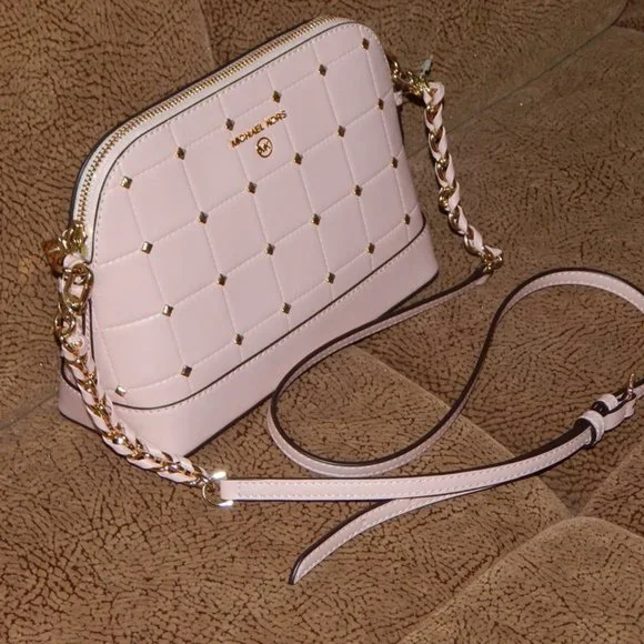 NWT Michael Kors Jet Set Charm LG Dome Crossbody Studs Quilted Leather Bag Rose